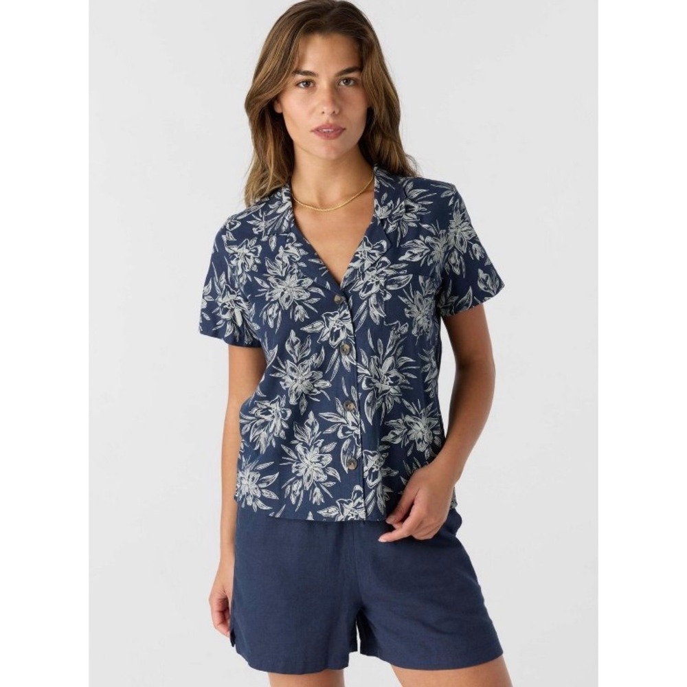 NWT Hang Ten Goldie Shirt Navy Large Linen Blend Floral Collared Button Front